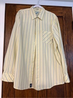Kirra Pale Yellow Striped Men's Dress Shirt with Blue Stripes